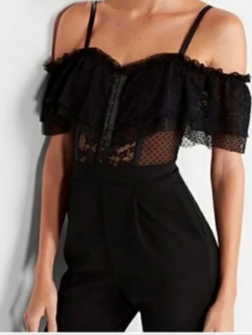 Express Black Off-Shoulder Lace & Mesh Jumpsuit